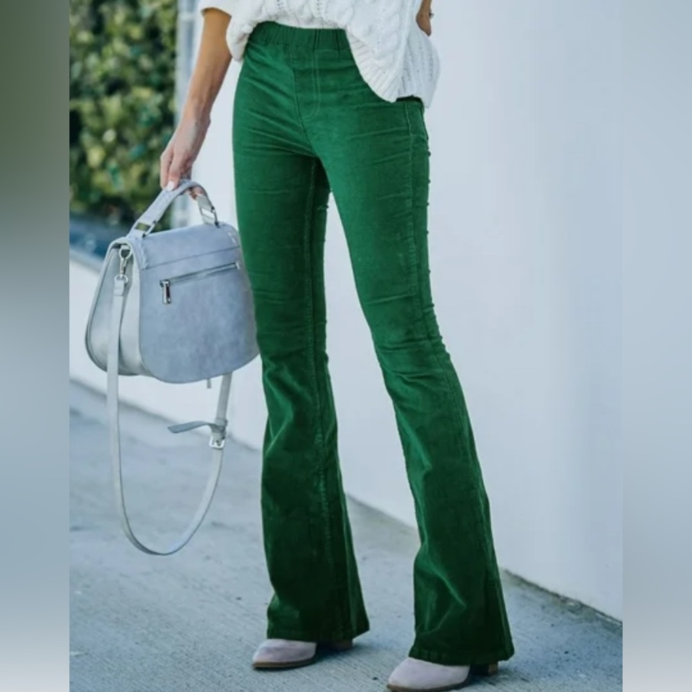 Green Corduroy Elastic High Waist Wide Leg Pant Sz Small Flares, Boho, Hippie.